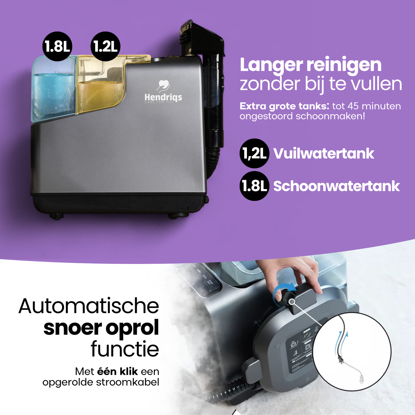 Hendriqs® 4-1 Tapijtreiniger - 105 °C Stoomreiniger met Anti-Verstopping Functie & Wieltjes en Automatisch Snoeroprolsysteem - Zetelreiniger - Vlekkenreiniger - Bank Reiniger - Meubelreiniger - Bankreiniger - Reinigingsmachine