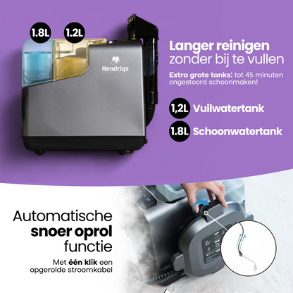 Hendriqs® 4-1 Tapijtreiniger - 105 °C Stoomreiniger met Anti-Verstopping Functie & Wieltjes en Automatisch Snoeroprolsysteem - Zetelreiniger - Vlekkenreiniger - Bank Reiniger - Meubelreiniger - Bankreiniger - Reinigingsmachine