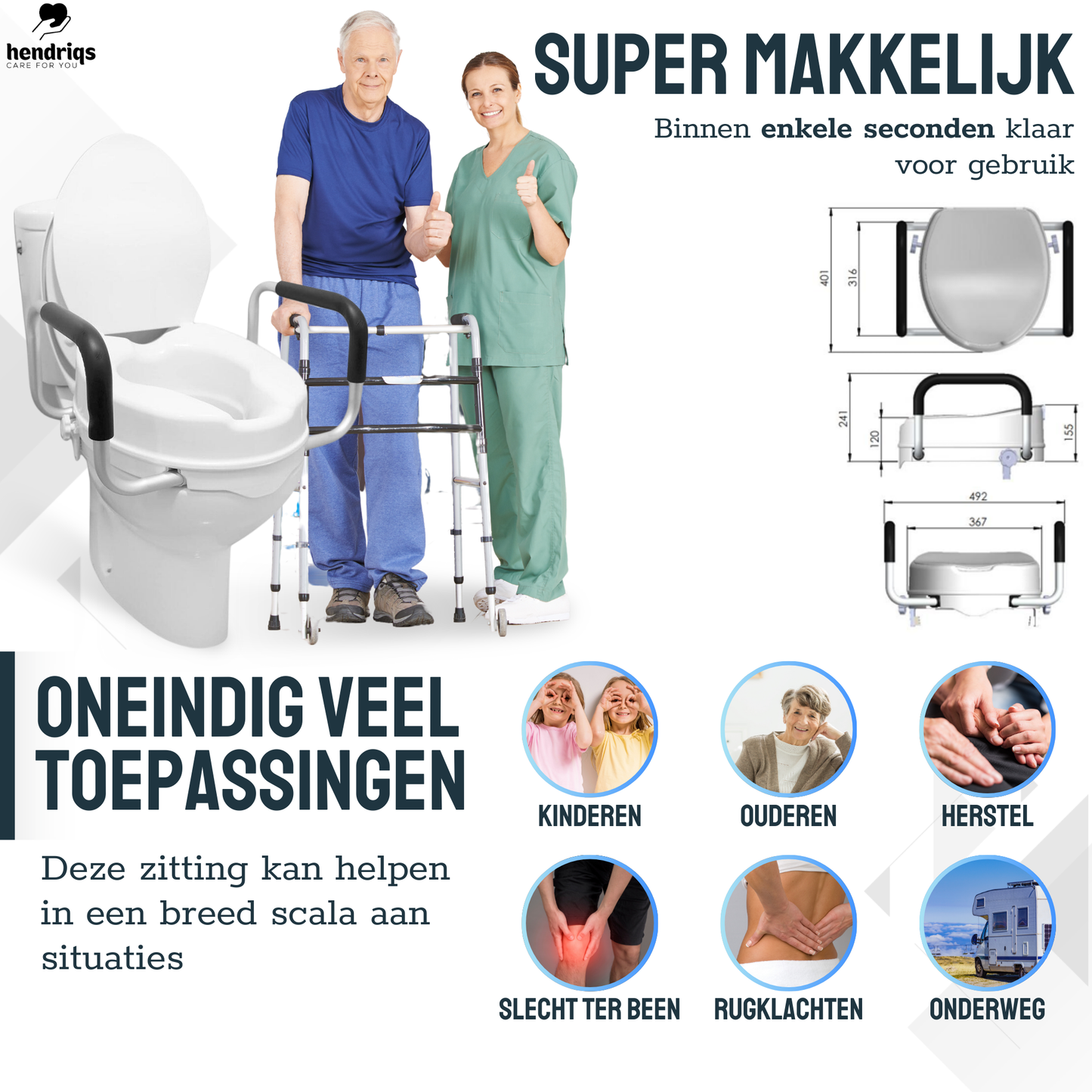 Hendriqs WC Verhoger 10 cm met Armsteunen & Deksel