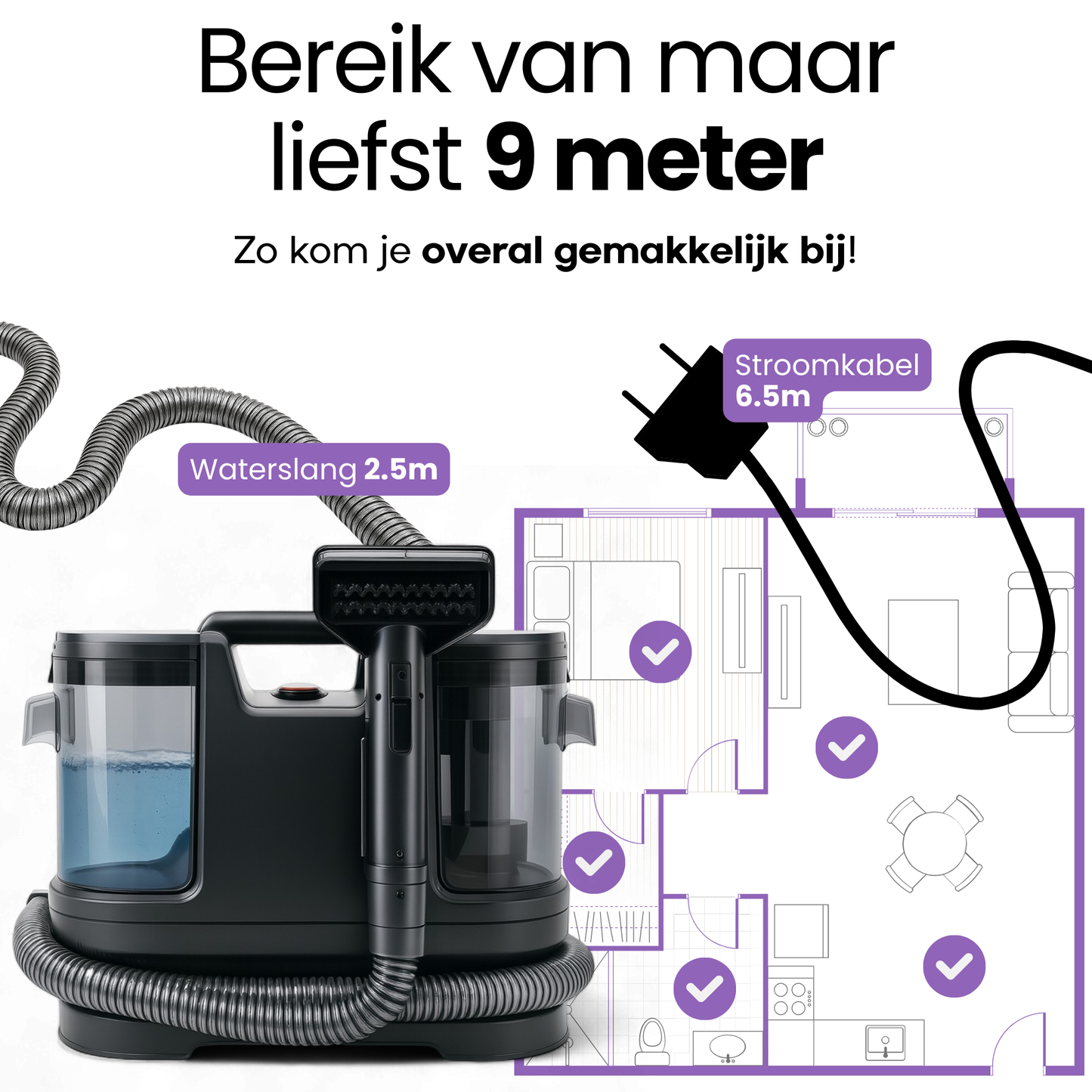 Hendriqs 3-in-1 Tapijtreiniger 65°C - Draagbare Vlekkenreiniger met 15 kPa Zuigkracht